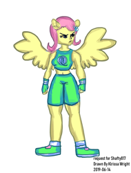 Size: 2248x2952 | Tagged: safe, artist:fromseatoshiningsea, fluttershy, equestria girls, belly button, clothes, exeron fighters, exeron gloves, exeron outfit, midriff, ponied up, pony ears, sports bra, wings