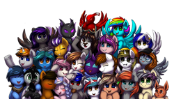 Size: 2469x1402 | Tagged: safe, artist:confetticakez, oc, oc:audina puzzle, oc:bassy, oc:blacklight, oc:charmed fortune, oc:coin chaser, oc:dante, oc:disterious, oc:flint, oc:grem, oc:intrepid charm, oc:jet stream, oc:luminaire, oc:mercury shine, oc:nightwing, oc:rainbow scout, oc:raven sun, oc:shadow sky, oc:sigmatau, oc:silver scroll, oc:silver thread, oc:thunder chaser, bat pony, changeling, deer, griffon, pegasus, phoenix, pony, unicorn, bandana, black mane, blue eyes, blue mane, blushing, braid, brown eyes, brown mane, candy, changeling oc, closed mouth, clothes, cookie, ear piercing, earring, eevee, eyes closed, fangs, feather, floppy ears, flower, food, glasses, golden eyes, green eyes, group, group photo, hat, hazel eyes, hazel mane, heart, highlights, horn, jewelry, kiss on the cheek, kissing, long mane, multicolored eyes, multicolored fur, multicolored hair, multicolored mane, nom, one eye closed, open eyes, open mouth, orange mane, piercing, pink mane, pokémon, purple eyes, purple mane, rainbow hair, red eyes, scarf, shamrock, short mane, simple background, skittles, smiling, smirk, sparkles, spread wings, tongue out, waving, white background, wings, wink