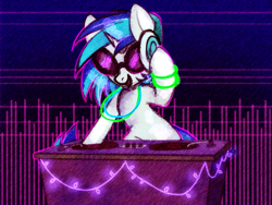 Size: 745x561 | Tagged: safe, artist:ponycide, dj pon-3, vinyl scratch, pony, unicorn, bipedal, bipedal leaning, commission, fairy lights, female, glasses, glowstick, headphones, horn, leaning, mare, open mouth, solo, sunglasses, turntable, vinyl scratch's glasses, vinyl's glasses