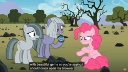 Size: 1920x1080 | Tagged: safe, edit, edited screencap, screencap, limestone pie, marble pie, pinkie pie, pony, the maud couple, caption, female, geode, meme, rock farm, sisters, youtube caption