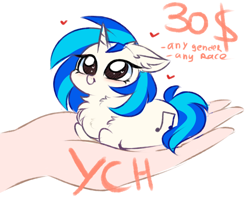 Size: 2988x2433 | Tagged: safe, artist:pesty_skillengton, dj pon-3, vinyl scratch, human, pony, chest fluff, chibi, commission, cute, daaaaaaaaaaaw, ear fluff, floppy ears, fluffy, hand, heart eyes, holding a pony, in goliath's palm, ponyloaf, solo, tiny, tiny ponies, vinylbetes, wingding eyes, ych example, your character here