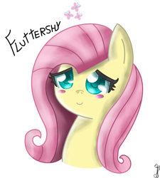 Size: 1428x1588 | Tagged: safe, artist:brunafiorito, fluttershy, pegasus, pony, blushing, bust, colored pupils, cute, cutie mark, portrait, shyabetes, signature, simple background, solo, text, white background