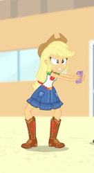 Size: 287x526 | Tagged: safe, screencap, applejack, better together, equestria girls, rollercoaster of friendship, belt, boots, cellphone, clothes, cowboy boots, cowboy hat, cropped, denim skirt, female, freckles, hat, phone, shoes, skirt, smartphone, stetson