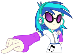 Size: 3291x2491 | Tagged: safe, artist:sketchmcreations, dj pon-3, vinyl scratch, better together, choose your own ending, equestria girls, the last drop, female, glasses, pointing, simple background, smiling, transparent background, vector