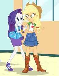 Size: 415x540 | Tagged: safe, screencap, applejack, rarity, better together, equestria girls, rollercoaster of friendship, belt, boots, clothes, cowboy boots, cowboy hat, cropped, denim skirt, female, freckles, geode of shielding, geode of super strength, hat, high heels, shoes, skirt, stetson