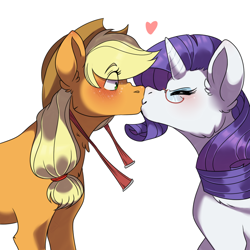 Size: 1000x1000 | Tagged: safe, artist:slushshe, applejack, rarity, earth pony, pony, unicorn, cowboy hat, cute, eyes closed, female, hat, jackabetes, kissing, lesbian, mare, raribetes, rarijack, shipping, simple background, stetson