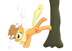 Size: 6723x4737 | Tagged: safe, artist:frogem, applejack, earth pony, pony, absurd resolution, bucking, simple background, snow, snow on head, solo, transparent background, tree