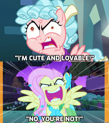 Size: 1280x1440 | Tagged: safe, edit, edited screencap, screencap, cozy glow, fluttershy, pegasus, pony, frenemies (episode), school raze, the best night ever, caption, cozy glow is best facemaker, cozybuse, crazy glow, faic, female, filly, flutterrage, insanity, you're going to love me