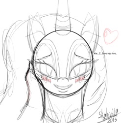 Size: 1034x1046 | Tagged: safe, artist:skyart301, nightmare moon, human, bedroom eyes, blushing, dialogue, grin, hand, heart, looking at you, pov, smiling, stupid sexy nightmare moon, wip