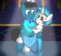 Size: 3600x3300 | Tagged: safe, artist:agkandphotomaker2000, dj pon-3, vinyl scratch, oc, oc:pony video maker, pegasus, pony, unicorn, canon x oc, dancing, looking at each other, pony prom, romantic, spotlight, videoscratch