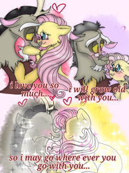 Size: 899x1200 | Tagged: safe, artist:cocolove2176, discord, fluttershy, draconequus, pegasus, pony, discoshy, female, male, shipping, straight, text