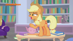 Size: 954x534 | Tagged: safe, screencap, applejack, ocellus, earth pony, pony, what lies beneath, book, bookshelf, disguise, disguised changeling, female, imitation, library, mare, raised hoof, sofa, solo, statue, table, teapot