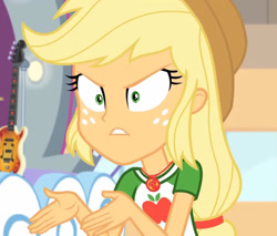 Size: 1266x1080 | Tagged: safe, screencap, applejack, better together, equestria girls, rollercoaster of friendship, cropped, geode of super strength, guitar, hat, meme, you dense motherfucker