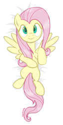 Size: 819x1618 | Tagged: safe, artist:livehotsun, fluttershy, pegasus, pony, body pillow design, cute, female, looking at you, mare, on back, shyabetes, smiling, solo, spread wings, wings