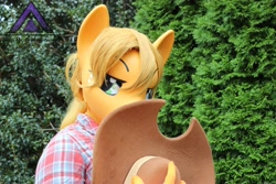 Size: 5184x3456 | Tagged: safe, artist:chainerprime, applejack, human, bush, clothes, cosplay, costume, hat, irl, irl human, kigurumi, male, outdoors, photo, solo, trap