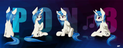 Size: 4200x1650 | Tagged: safe, artist:styroponyworks, dj pon-3, vinyl scratch, pony, unicorn, female, frog (hoof), mare, missing accessory, sitting, solo, text, tongue out, underhoof