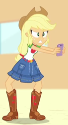 Size: 314x573 | Tagged: safe, screencap, applejack, better together, equestria girls, rollercoaster of friendship, cropped, geode of super strength, magical geodes, solo, squatting