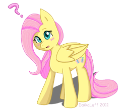 Size: 707x632 | Tagged: safe, artist:daikaluff, fluttershy, pegasus, pony, blushing, cute, female, looking at you, mare, open mouth, question mark, shyabetes, simple background, solo, transparent background