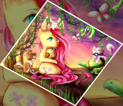 Size: 1201x1035 | Tagged: safe, artist:anagira, edit, angel bunny, fluttershy, gummy, opalescence, owlowiscious, tank, winona, alligator, butterfly, cat, dog, owl, pegasus, pony, rabbit, semi-anthro, tortoise, animal, better source needed, big ears, cropped, ear fluff, female, male, mare, sitting, smiling, speedpaint available, zoom layer