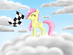 Size: 960x720 | Tagged: safe, artist:lavenderrain24, fluttershy, pegasus, pony, the cutie mark chronicles, blank flank, cloud, cute, eyes closed, female, filly, filly fluttershy, flag, mouth hold, on a cloud, scene interpretation, shyabetes, solo, speedpaint available, younger