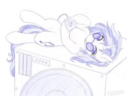 Size: 1024x768 | Tagged: safe, artist:novaintellus, dj pon-3, vinyl scratch, pony, unicorn, atg 2019, female, looking at you, mare, monochrome, newbie artist training grounds, on back, smiling, solo, speaker