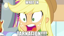 Size: 800x450 | Tagged: safe, edit, edited screencap, screencap, applejack, better together, equestria girls, rollercoaster of friendship, angry, female, open mouth, reaction image, solo, what in tarnation