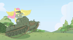 Size: 1278x705 | Tagged: safe, artist:dirt-slayer, fluttershy, anthro, binoculars, clothes, female, solo, spread wings, t-34, tank (vehicle), uniform, wings