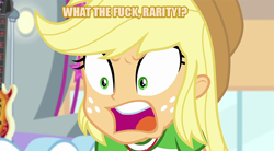 Size: 800x443 | Tagged: safe, edit, edited screencap, screencap, applejack, better together, equestria girls, rollercoaster of friendship, implied rarity, screaming, solo, vulgar