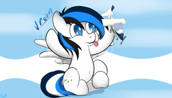 Size: 3500x2000 | Tagged: safe, artist:cloufy, oc, oc only, oc:waver, pegasus, pony, aircraft, cutie mark, on one hoof, plane, simple background, solo, standing, text, tongue out, toy, white background