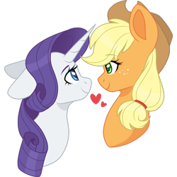 Size: 2048x2048 | Tagged: safe, artist:cinnamontee, applejack, rarity, earth pony, pony, unicorn, cowboy hat, cute, daaaaaaaaaaaw, female, floppy ears, freckles, hat, heart, jackabetes, lesbian, looking at each other, love, mare, raribetes, rarijack, shipping, simple background, smiling, stetson, transparent background