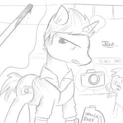 Size: 1650x1650 | Tagged: safe, artist:tjpones, pony, undead, unicorn, zombie, zombie pony, baseball bat, blood, camera, clothes, dead rising, dialogue, frank west, grayscale, juice, magic, mall, monochrome, orange juice, ponified, simple background, telekinesis, white background