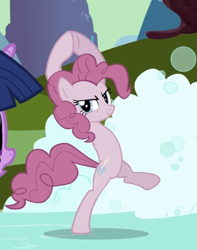 Size: 561x711 | Tagged: safe, screencap, pinkie pie, earth pony, pony, the return of harmony, bipedal, cropped, discorded, female, mare, skating, smiling, soap roads, solo focus, suds