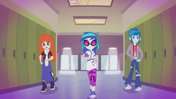 Size: 1280x720 | Tagged: safe, screencap, dj pon-3, golden hazel, thunderbass, vinyl scratch, equestria girls, music to my ears, background human, canterlot high, clothes, dress, female, hallway, lockers, pants, shoes, smiling, sneakers