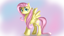 Size: 1280x720 | Tagged: safe, artist:jbond, fluttershy, pegasus, pony, female, gradient background, looking at you, looking sideways, mare, smiling, solo, spread wings, standing, wings