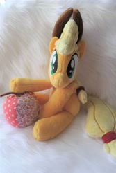 Size: 3648x5472 | Tagged: safe, artist:kazzysart, applejack, earth pony, pony, applejack's hat, beanie (plushie), cowboy hat, female, hat, irl, mare, photo, plushie, sitting, solo