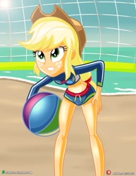 Size: 1500x1942 | Tagged: safe, artist:dieart77, applejack, better together, equestria girls, ball, beach, clothes, cowboy hat, female, freckles, hat, ocean, sand, solo, stetson, swimsuit, volleyball net