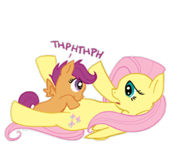 Size: 504x432 | Tagged: artist needed, safe, fluttershy, scootaloo, pegasus, pony, raspberry, simple background, transparent background, tummy buzz