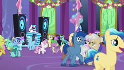 Size: 1280x720 | Tagged: safe, screencap, amethyst star, clypeus, cornicle, daisy, dj pon-3, flower wishes, goldengrape, ivory, ivory rook, leadwing, mayor mare, meadow song, minuette, sapphire joy, sea swirl, seafoam, sir colton vines iii, sparkler, spike, sweetie belle, vinyl scratch, changedling, changeling, crystal pony, dragon, pony, unicorn, celestial advice, amplifier, animation error, apple, balloon, bass cannon, cake, castle, eyes closed, facial hair, female, filly, flower, food, glasses, male, mare, open mouth, party, shipping fuel, speaker, stallion, vinyl's glasses