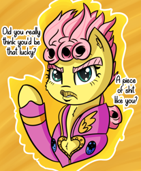 Size: 1905x2301 | Tagged: safe, artist:artiks, fluttershy, pegasus, pony, badass, clothes, crossover, dialogue, female, flutterbadass, fluttergio, giorno giovanna, jojo's bizarre adventure, solo, vulgar