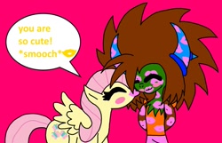 Size: 1113x718 | Tagged: safe, artist:richsquid1996, fluttershy, oc, oc:wichard jr, pegasus, pony, canon x oc, dialogue, kiss mark, kissing, lipstick, shipping, speech bubble