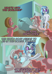 Size: 1132x1602 | Tagged: safe, artist:crispokefan, derpibooru import, dj pon-3, pinkie pie, tom, vinyl scratch, oc, oc:pun, earth pony, pony, ask, ask pun, female, lmfao, mare, party rock anthem (lmfao feat. lauren bennett & goonrock), pun, song reference, visual pun