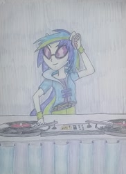 Size: 1085x1490 | Tagged: safe, artist:pabrony83, dj pon-3, vinyl scratch, human, equestria girls, fantasy, female, glasses, headphones, ponied up, solo, traditional art, turntable