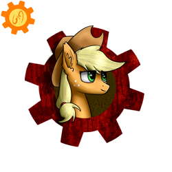 Size: 1500x1500 | Tagged: safe, artist:6editor9, artist:shido-tara, applejack, earth pony, pony, abstract background, bust, chest fluff, ear fluff, female, gears, hat, mare, portrait