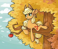 Size: 1882x1583 | Tagged: safe, artist:smirk, applejack, earth pony, pony, apple, autumn, cowboy hat, female, food, hat, legitimately amazing mspaint, mare, ms paint, solo, tree, tree branch