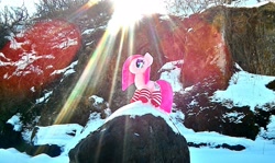 Size: 2163x1288 | Tagged: safe, artist:hihin1993, pinkie pie, pony, clothes, crepuscular rays, irl, japan, majestic, photo, pinkamena diane pie, plushie, snow, socks, solo, striped socks