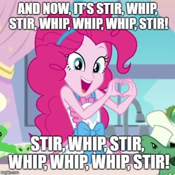 Size: 500x500 | Tagged: safe, edit, edited screencap, screencap, pinkie pie, tank, better together, equestria girls, the craft of cookies, apron, caption, chef's hat, clothes, cropped, hat, heart hands, image macro, solo, star wars holiday special, text