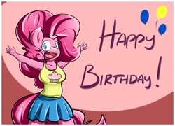 Size: 1500x1078 | Tagged: safe, artist:sanders, pinkie pie, anthro, armpits, breasts, clothes, cute, female, happy birthday, looking at you, miniskirt, moe, open mouth, skirt, smiling, solo, tanktop