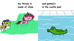 Size: 1920x1080 | Tagged: safe, artist:round trip, gummy, pinkie pie, alicorn, pegasus, pony, alicornified, alternate realities, comic sans, crown, jewelry, pinkiecorn, race swap, regalia, royal guard, slime, swimming pool, throne, water, xk-class end-of-the-world scenario