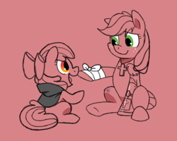 Size: 1000x800 | Tagged: safe, artist:yokokinawa, apple bloom, applejack, earth pony, pony, alternate universe, amputee, appleborg, bruised, cape, clothes, cross, female, goretober, injured, prosthetics, red, sisters, vampire hunter