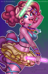 Size: 990x1530 | Tagged: safe, artist:bumblebun, pinkie pie, anthro, earth pony, armpits, belly button, breasts, cleavage, clothes, dancing, female, fishnet stockings, glowstick, midriff, miniskirt, sexy, skirt, smiling, solo, thighs